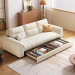 Load image into Gallery viewer, Modern convertible sofa bed with soft velvet upholstery and built-in storage drawer under solid wood frame
