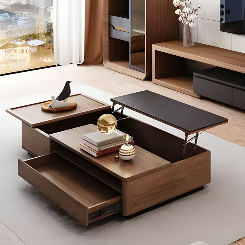 Walnut & Black Living Room Set Extendable TV Console Matching Coffee Table with Storage