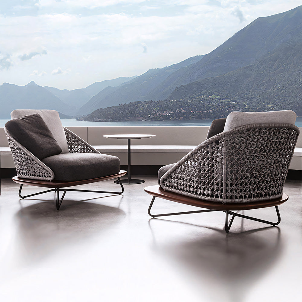 Modern Outdoor Lounge Chair with Handwoven Rope Backrest and Solid Wood Base