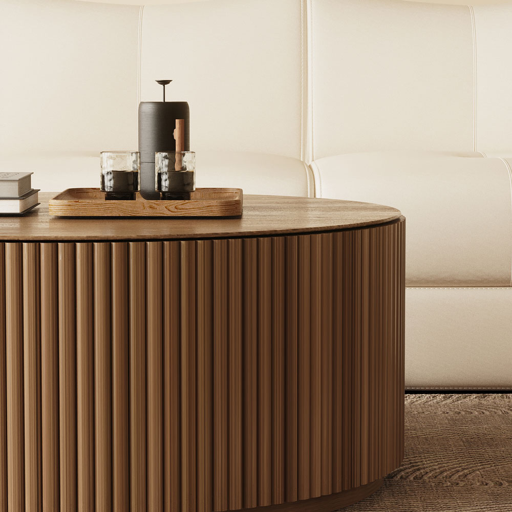 33.15″ Round Coffee Table Wood Finish Modern Minimalist Style for Living Room