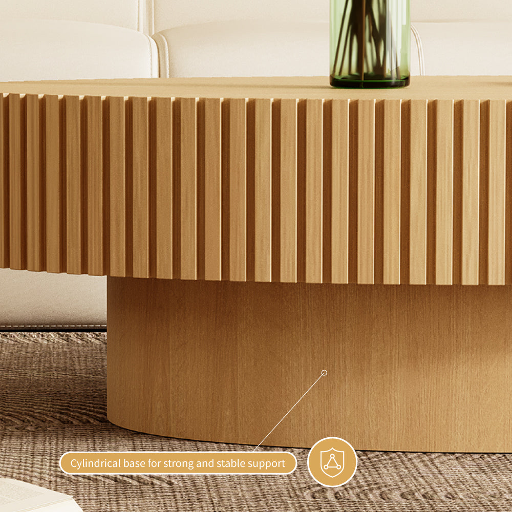 42.9" Natural Wood Oval Coffee Table Vertical Textured Design Modern Minimalist Style