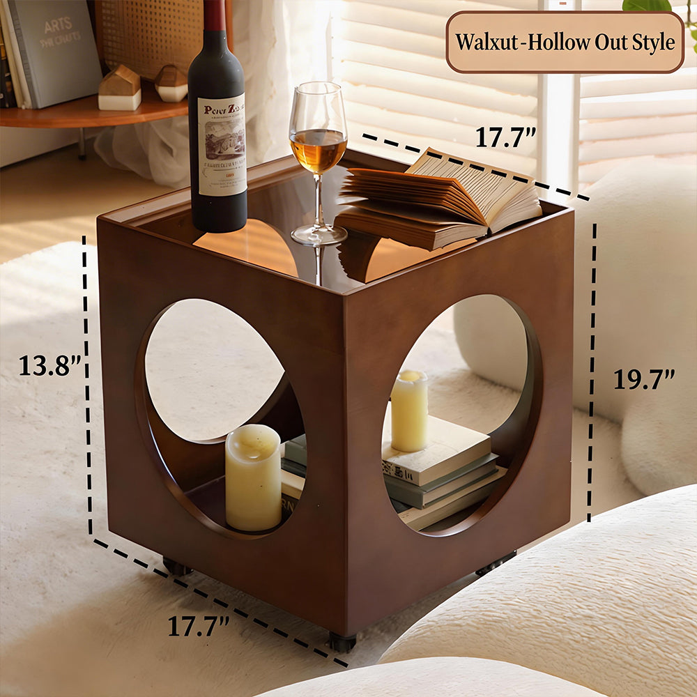 Modern Rattan Nightstand Rolling Side Table Solid Wood Mobile Bedside Cabinet with Storage