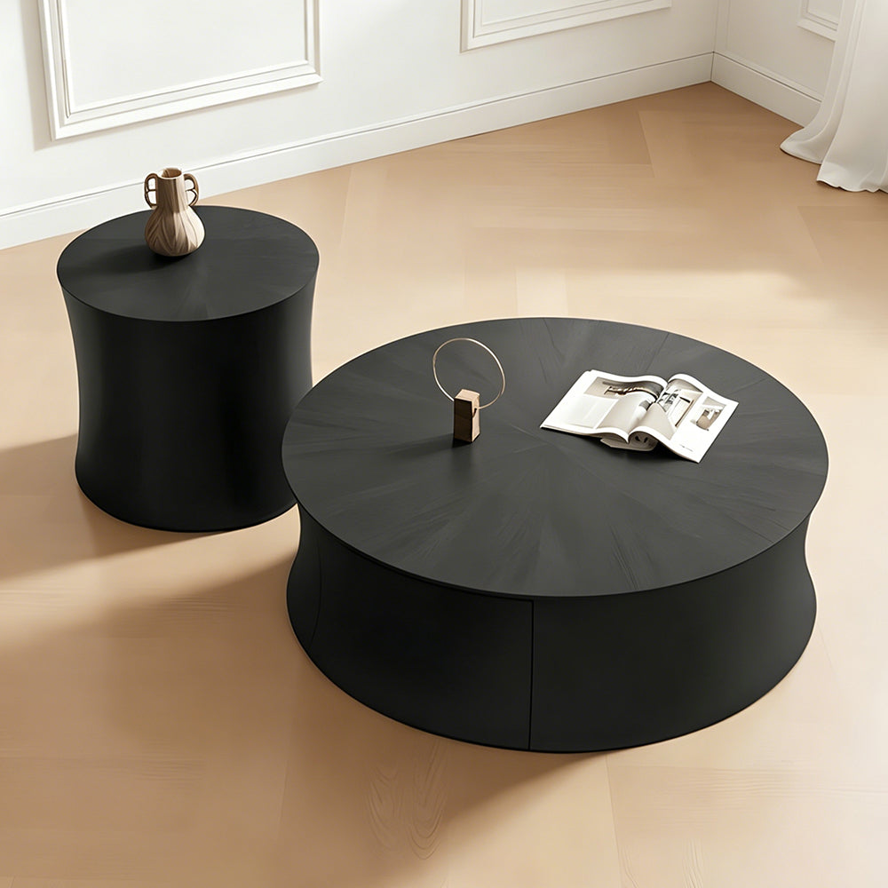 Modern Black Round Coffee Table Set Drum Shape Living Room Nesting Tables