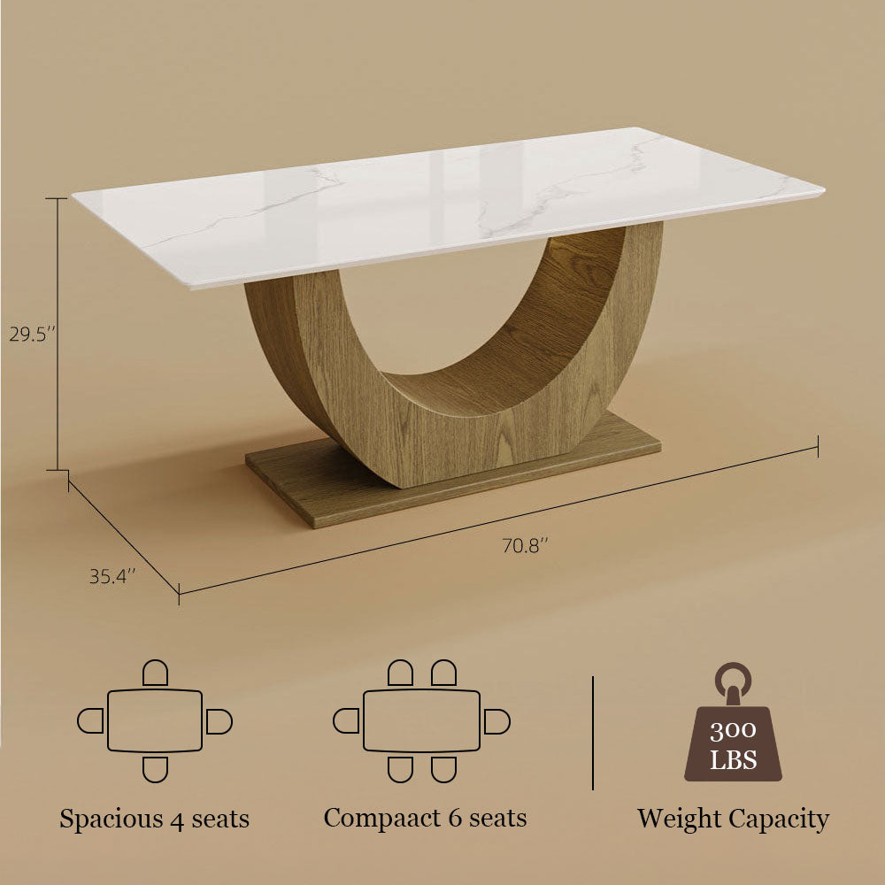 62.9''/70.8'' Modern Marble-Effect Dining Table with Sculptural Wood Base