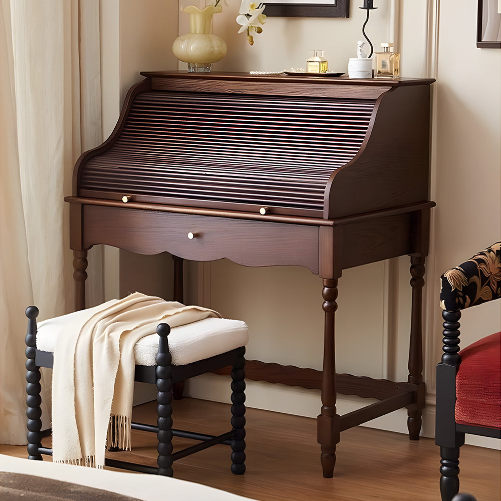 39.3'' Modern Vintage Roll Top Vanity Desk Solid Wood Makeup Table with Storage and Drawer