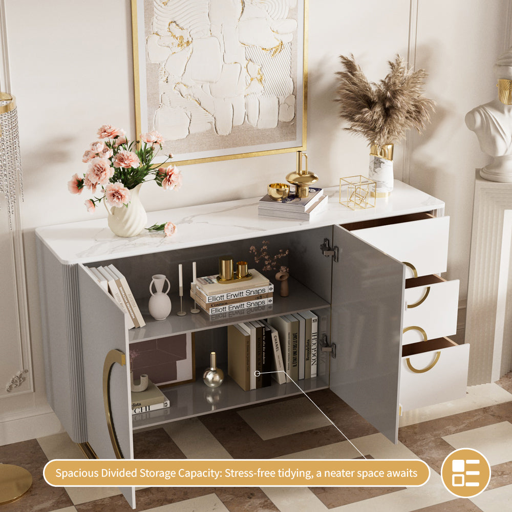 62.4" Sleek Modern White and Gold Buffet Cabinet with Circular Accents