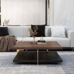 Load image into Gallery viewer, 35.1″ Square Coffee Table with Dual-Tone Wood and Stone Base Modern Minimalist Design with Gold Metal Accents
