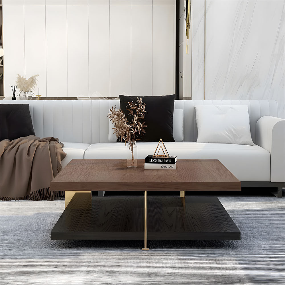 35.1″ Square Coffee Table with Dual-Tone Wood and Stone Base Modern Minimalist Design with Gold Metal Accents