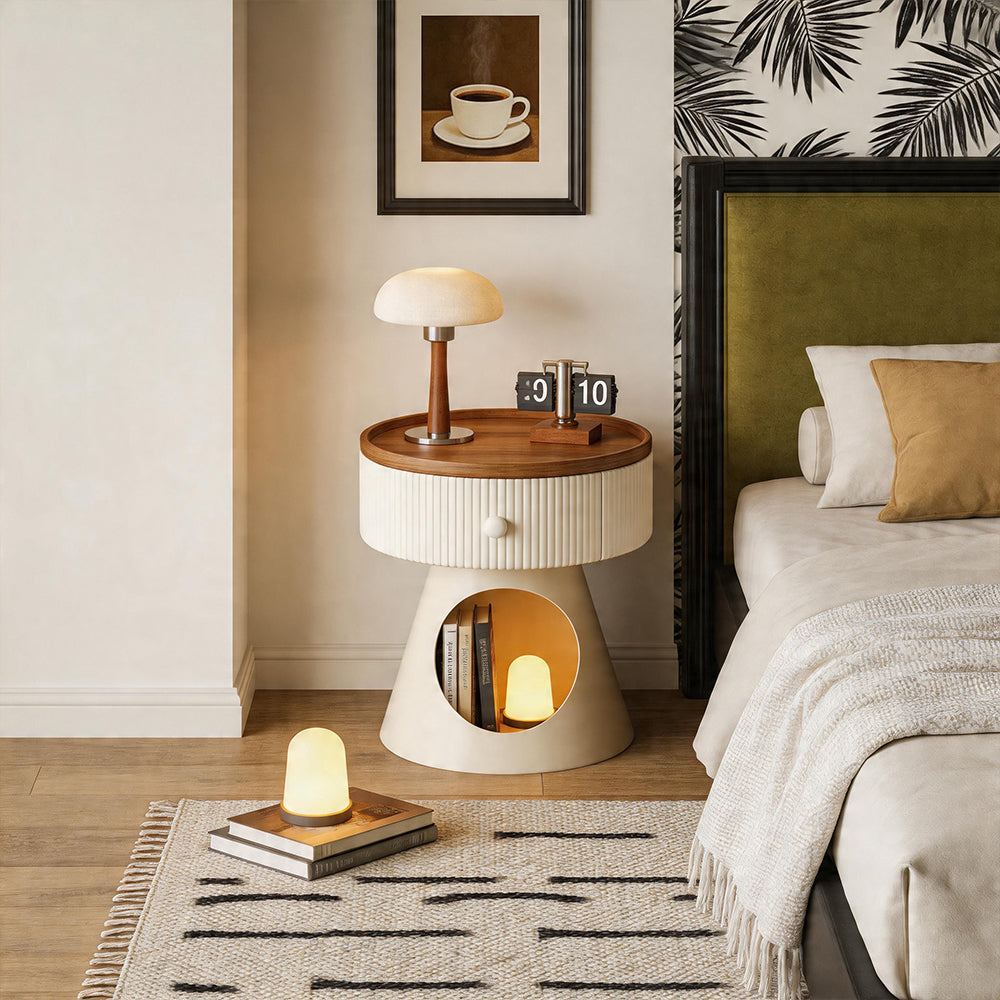 Modern Round Nightstand with Hidden Storage Drawer and Cat House Base Wooden Top Fluted Design Bedside Table