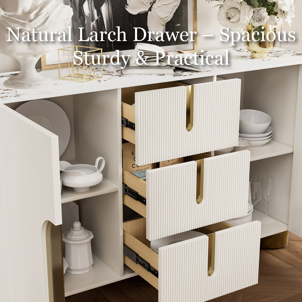 Sideboard Cabinet Modern Minimalist Ribbed Drawers Golden Base Marble Top Storage Unit