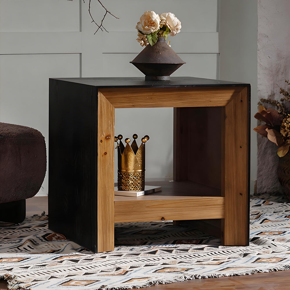 Modern Solid Wood Nightstand Textured Drawer Front Bedside Table with Open Shelf Minimalist Storage Side Table