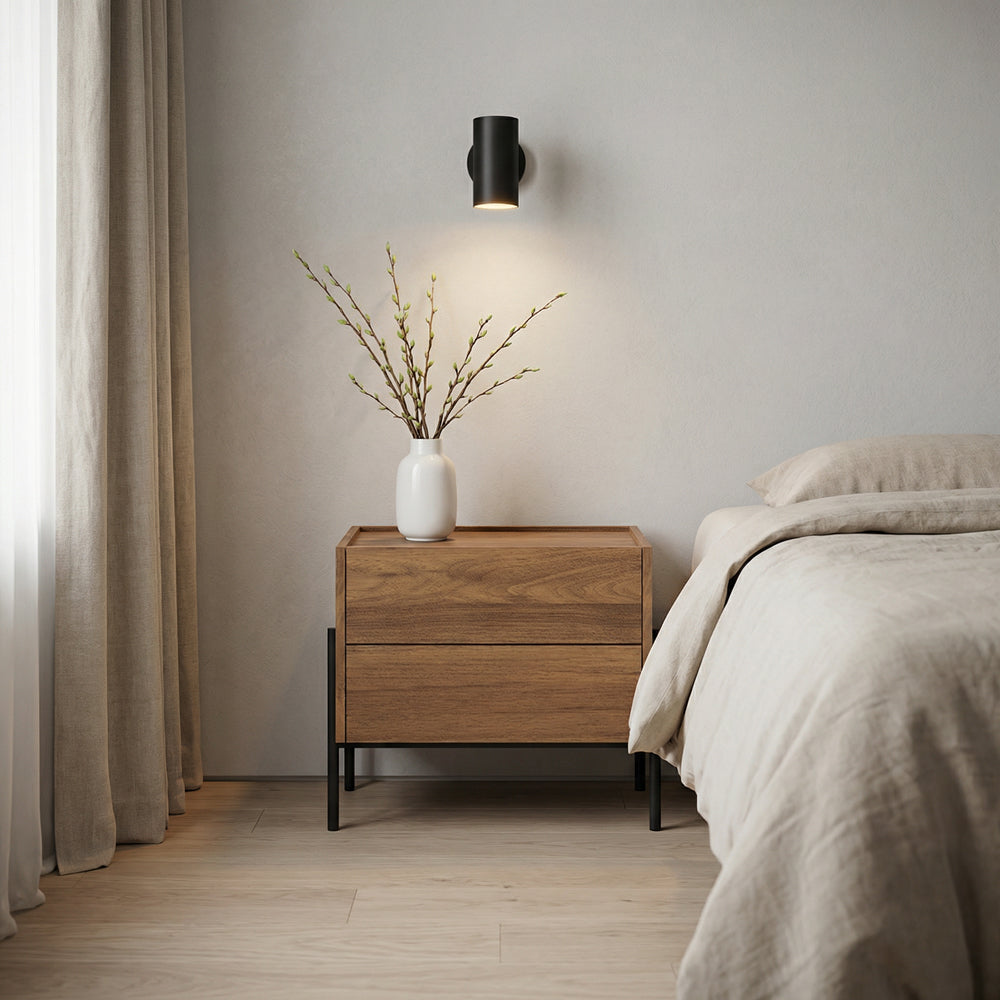 Modern Nightstand with Black Metal Legs Natural Wood Finish & Spacious Drawer