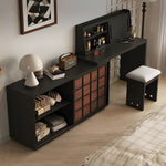Load image into Gallery viewer, Modern Japandi Vanity Desk with Storage Cabinet Walnut Finish Makeup Table with Drawers Black Frame with Stool
