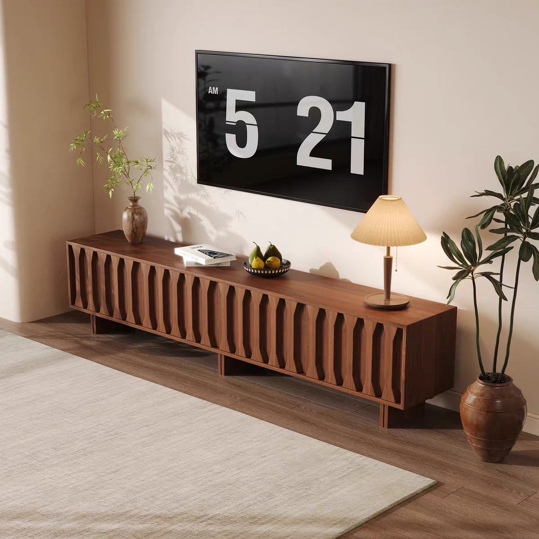 70.8'' Japanese-Style Wood TV Stand with Carved Sliding Doors Minimalist Low Media Console