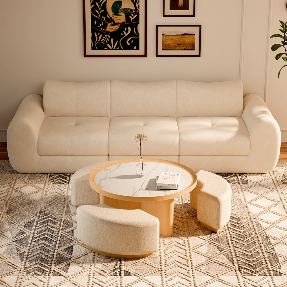 31.2" Modern Coffee Table Marble Look Top Oak Wood Base 3 Ottomans