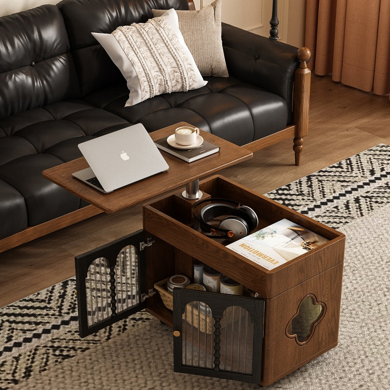 26'' Vintage Rolling Coffee Table with Storage | Glass Paneled Cabinet Doors + Hidden Compartment + Compact Design