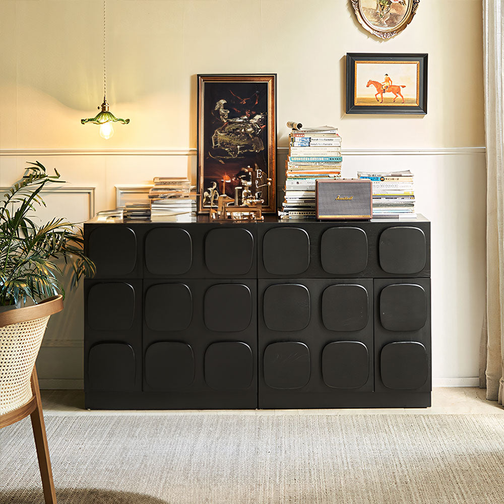 Modern Black Sculptural Sideboard Cabinet Geometric Panel Storage Buffet Cabinet for Dining Room Living Room