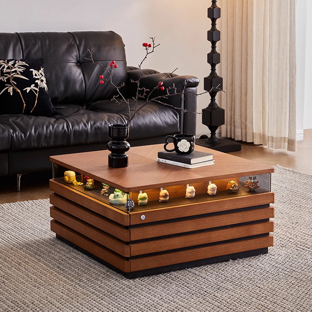 29'' Square Walnut Coffee Table with Built-In LED Display Shelf