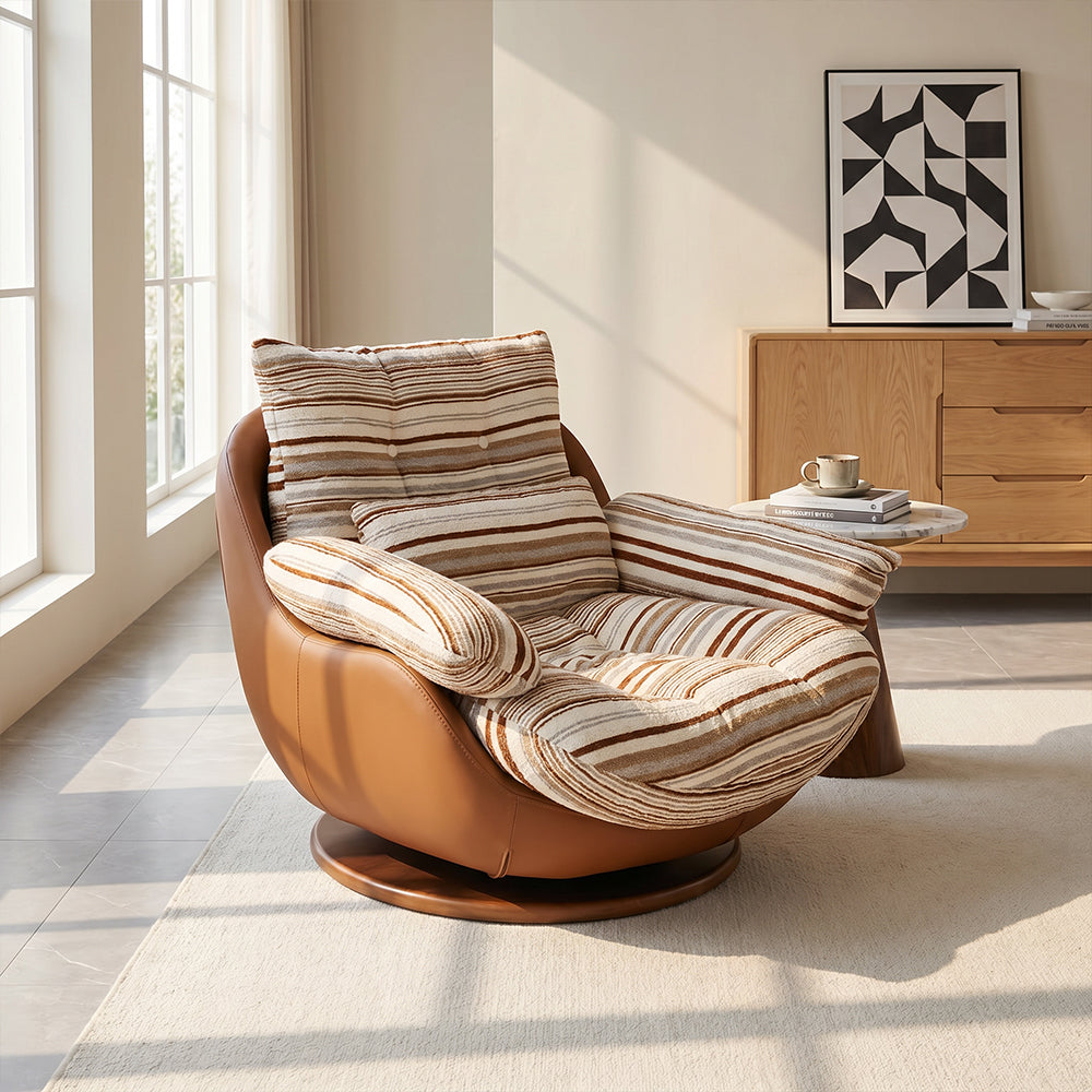 Striped Swivel Lounge Chair with Tan Faux Leather Shell