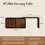 Load image into Gallery viewer, Modern Japandi Vanity Desk with Storage Cabinet Walnut Finish Makeup Table with Drawers Black Frame with Stool
