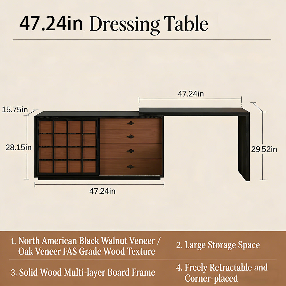 Modern Japandi Vanity Desk with Storage Cabinet Walnut Finish Makeup Table with Drawers Black Frame with Stool