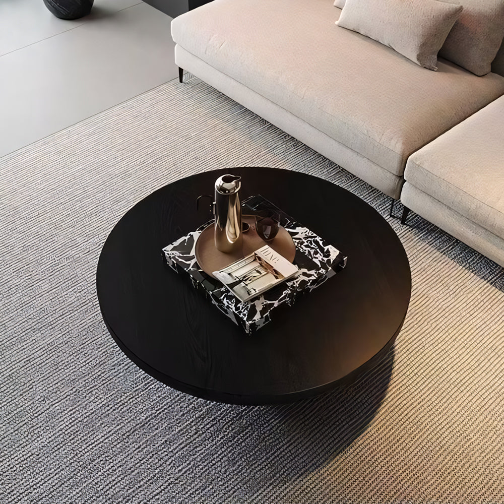Black Round Coffee Table with Marble-Pattern Pedestal Base for Contemporary Living Rooms