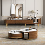 Load image into Gallery viewer, 31.5&quot; Round Nesting Coffee Table Set with Drawer Marble Texture Top Walnut Minimalist Storage Design
