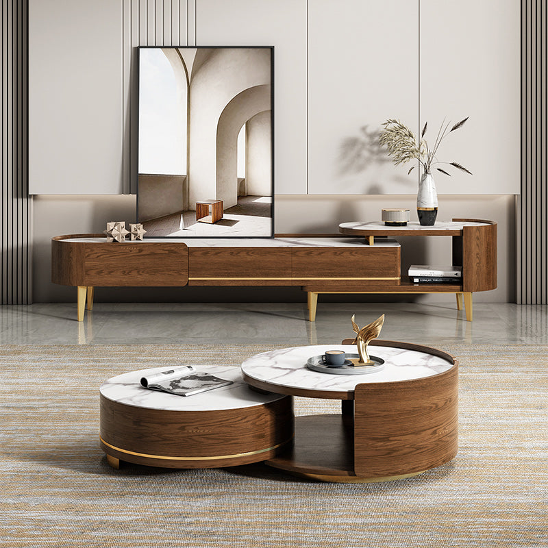 31.5" Round Nesting Coffee Table Set with Drawer Marble Texture Top Walnut Minimalist Storage Design