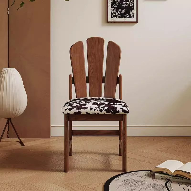 17''2PCS Vintage Style Dining Chair Solid Wood Fan Back Cowhide Pattern Seat