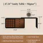 Load image into Gallery viewer, Modern Japandi Vanity Desk with Storage Cabinet Walnut Finish Makeup Table with Drawers Black Frame with Stool
