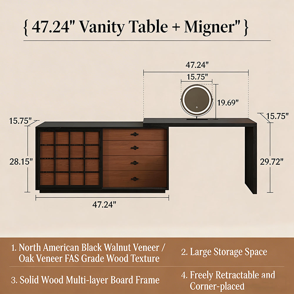 Modern Japandi Vanity Desk with Storage Cabinet Walnut Finish Makeup Table with Drawers Black Frame with Stool