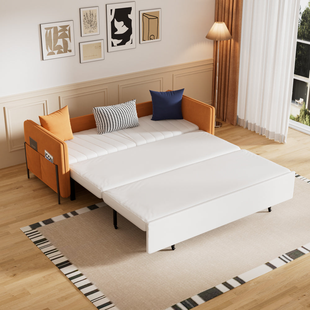66.9″ modern convertible sofa bed with neutral upholstery and integrated side pockets.