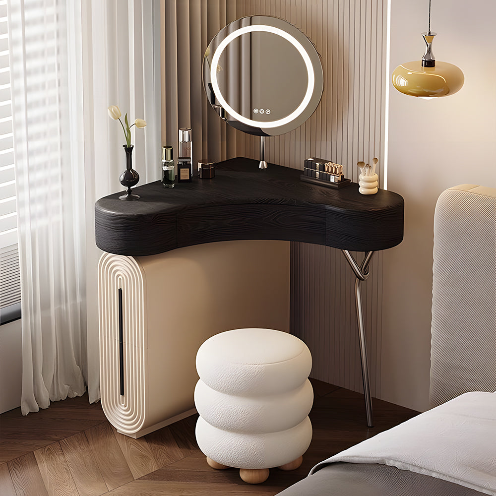 Modern Corner Vanity Desk with Mirror Walnut Finish Makeup Table with Storage Drawers with Stool