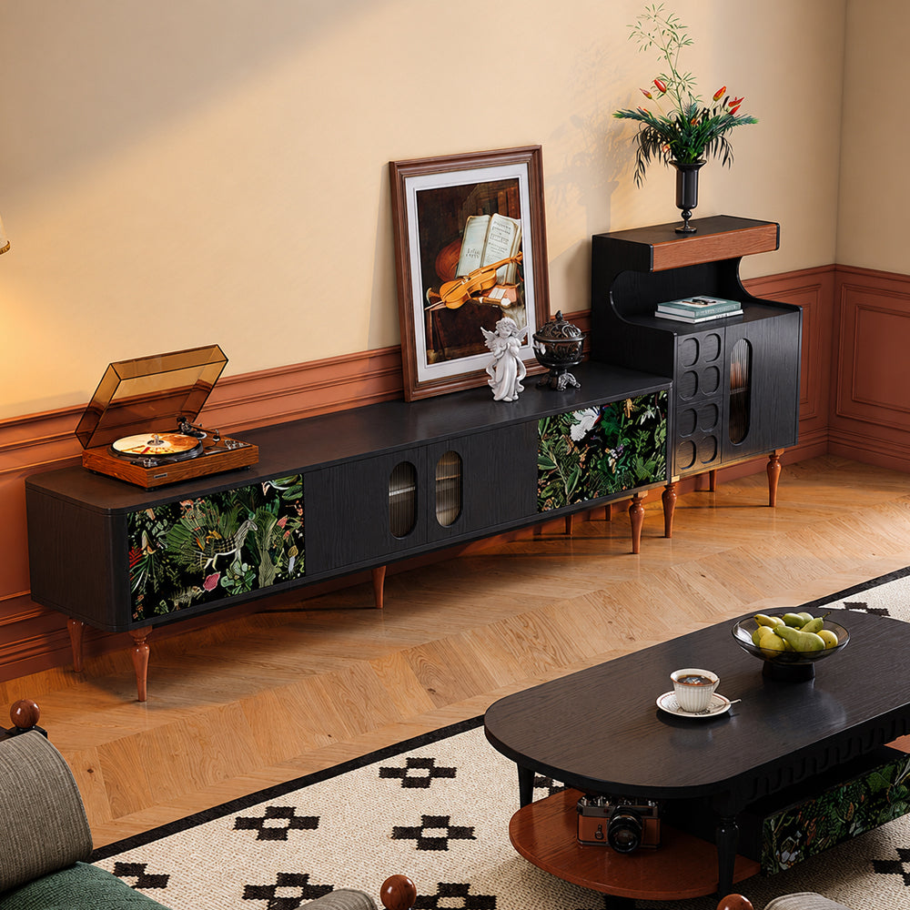 82.6" Jungle Print Mid Century Wood TV Stand