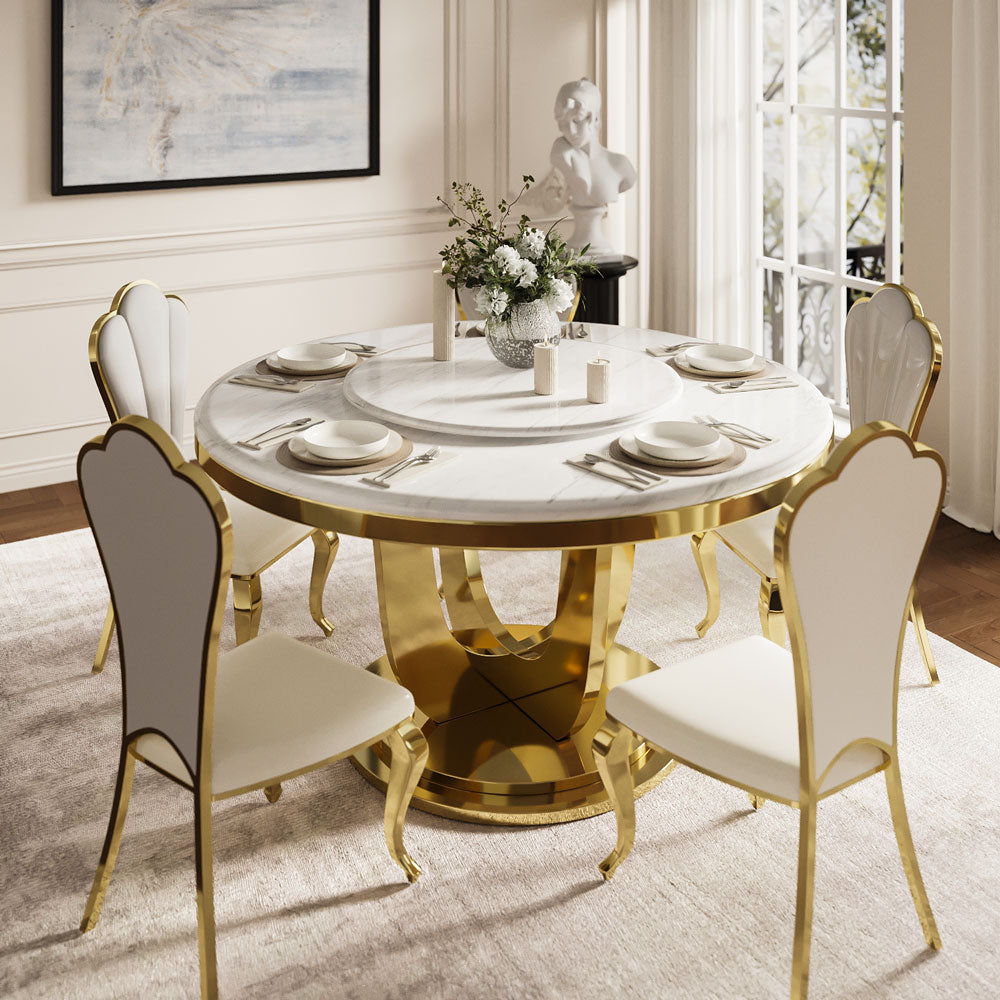Round Dining Table with Lazy Susa Ceramic Top Gold Metal Base for 4-6 People