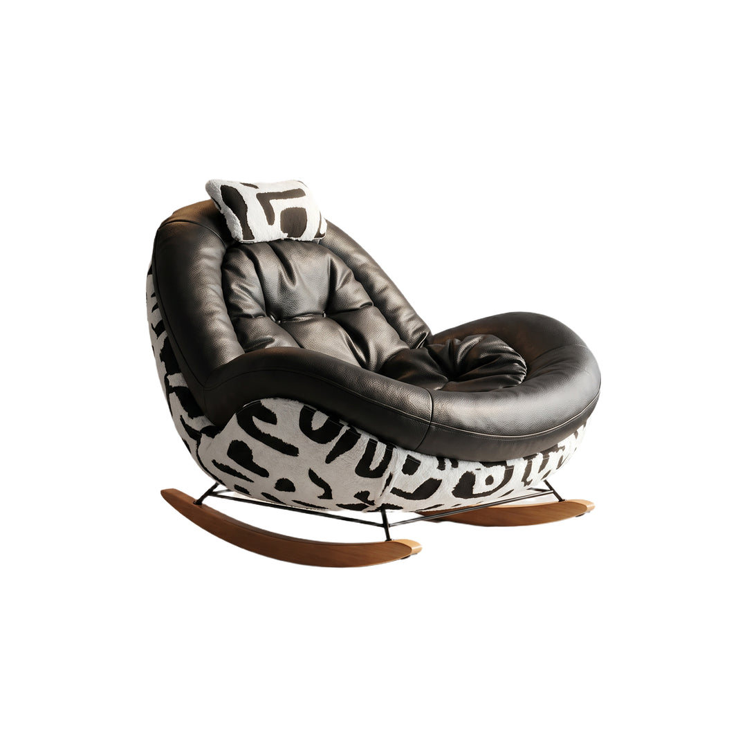 Bold Black Leather Rocking Lounge Chair with Patterned Fabric Shell