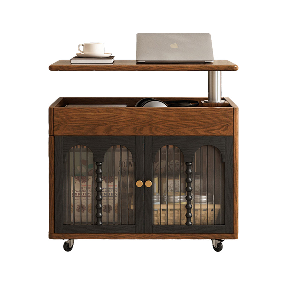 26'' Vintage Rolling Coffee Table with Storage | Glass Paneled Cabinet Doors + Hidden Compartment + Compact Design