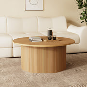 35.68'' Natural Wood Round Coffee Table Vertical Textured Design Modern Minimalist Style