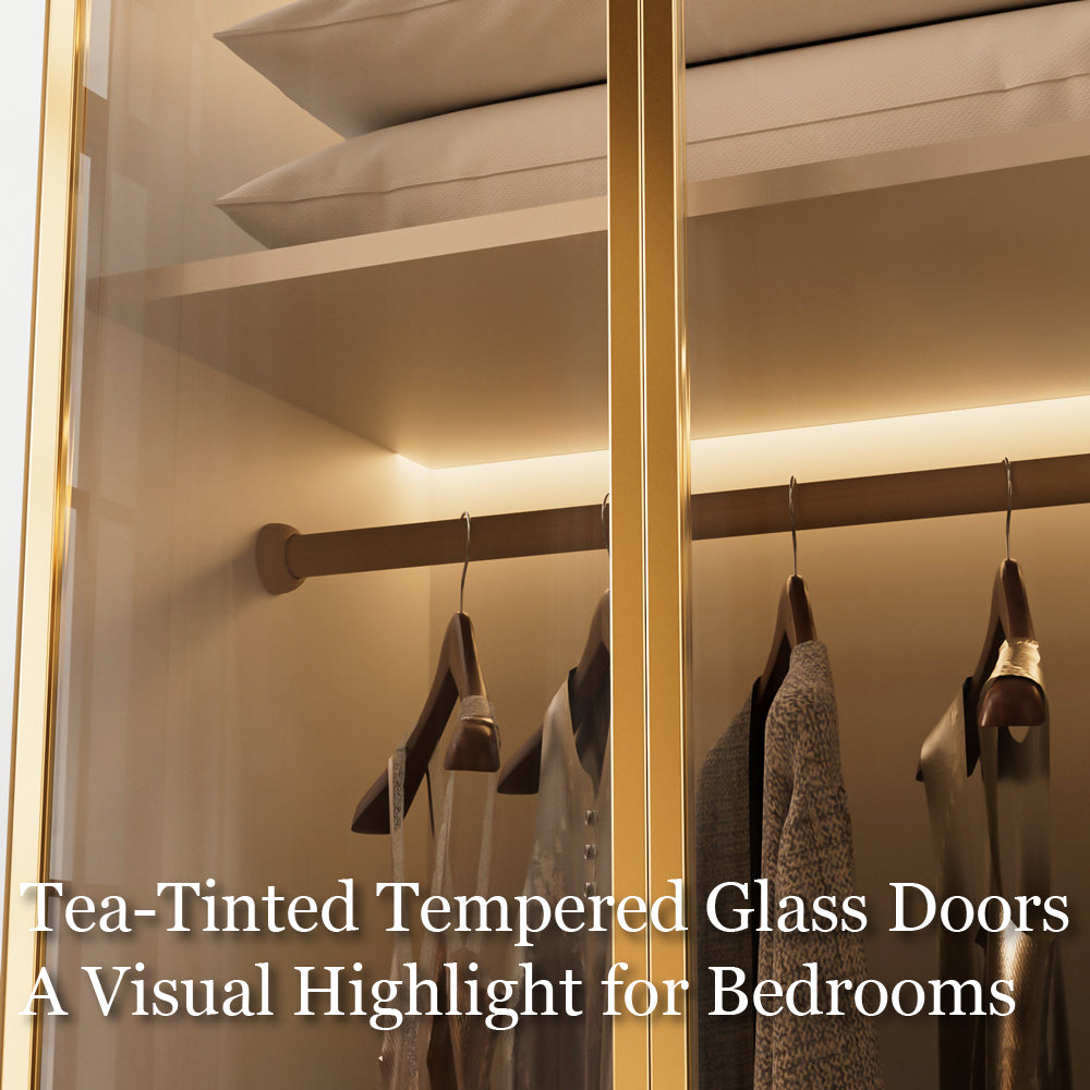 Modern Luxury Six-Door Closet Wardrobe in Champagne Gold and White with Glass Accents & Spacious Storage