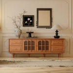 Load image into Gallery viewer, 70&#39;&#39; Solid Wood TV Stand Cabinet Arched Glass Doors Multi Drawer Design Warm Cherry Finish
