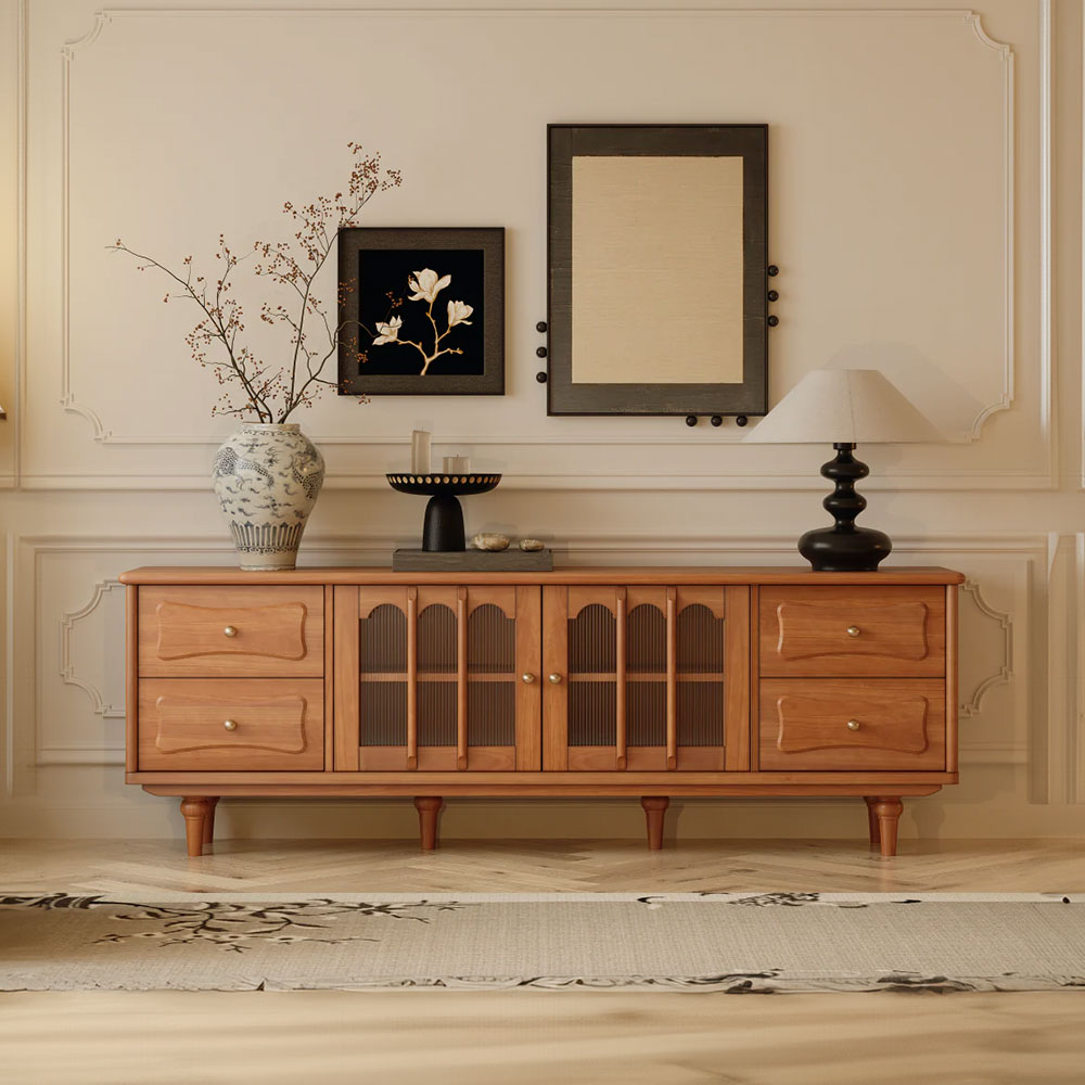 70'' Solid Wood TV Stand Cabinet Arched Glass Doors Multi Drawer Design Warm Cherry Finish