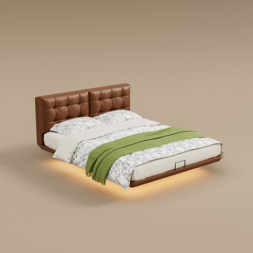 Modern Floating Bed with LED Lighting & Upholstered Headboard