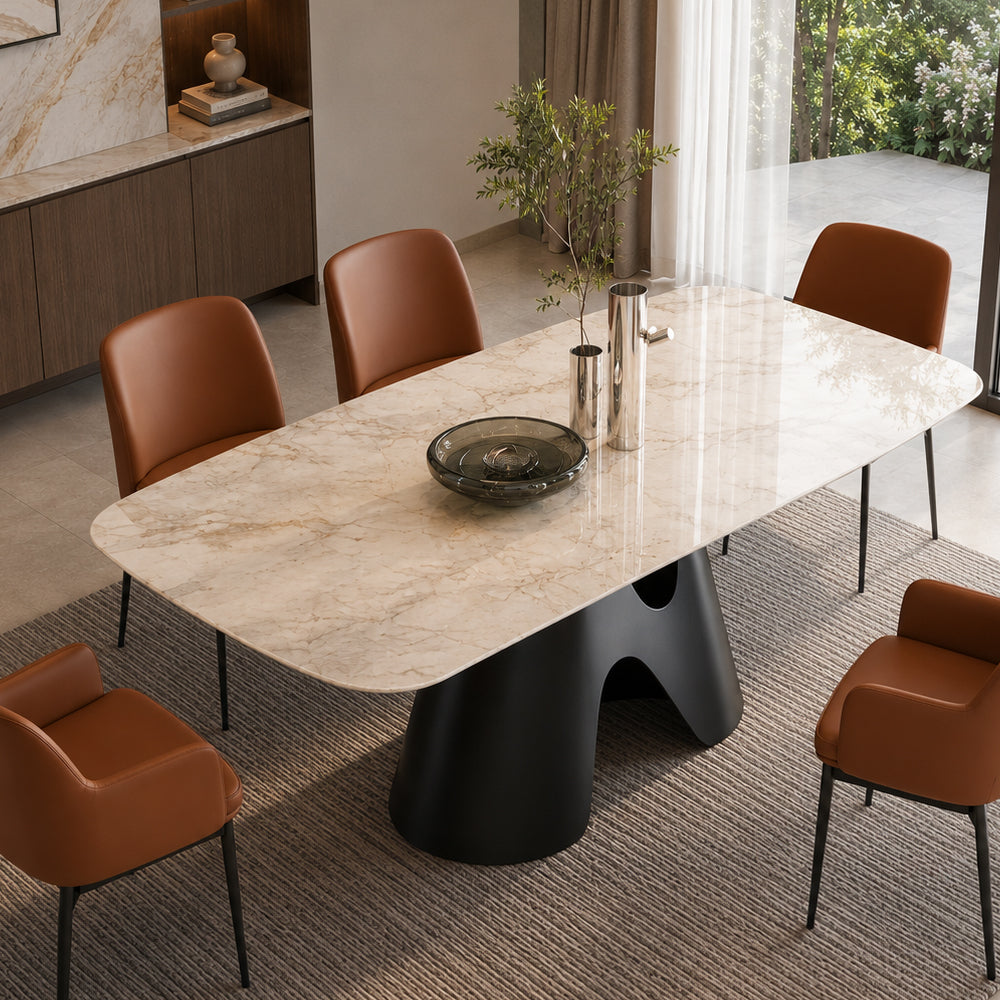 Sculptural Carbon Steel Base Calcined Grey Stone Oval Dining Table