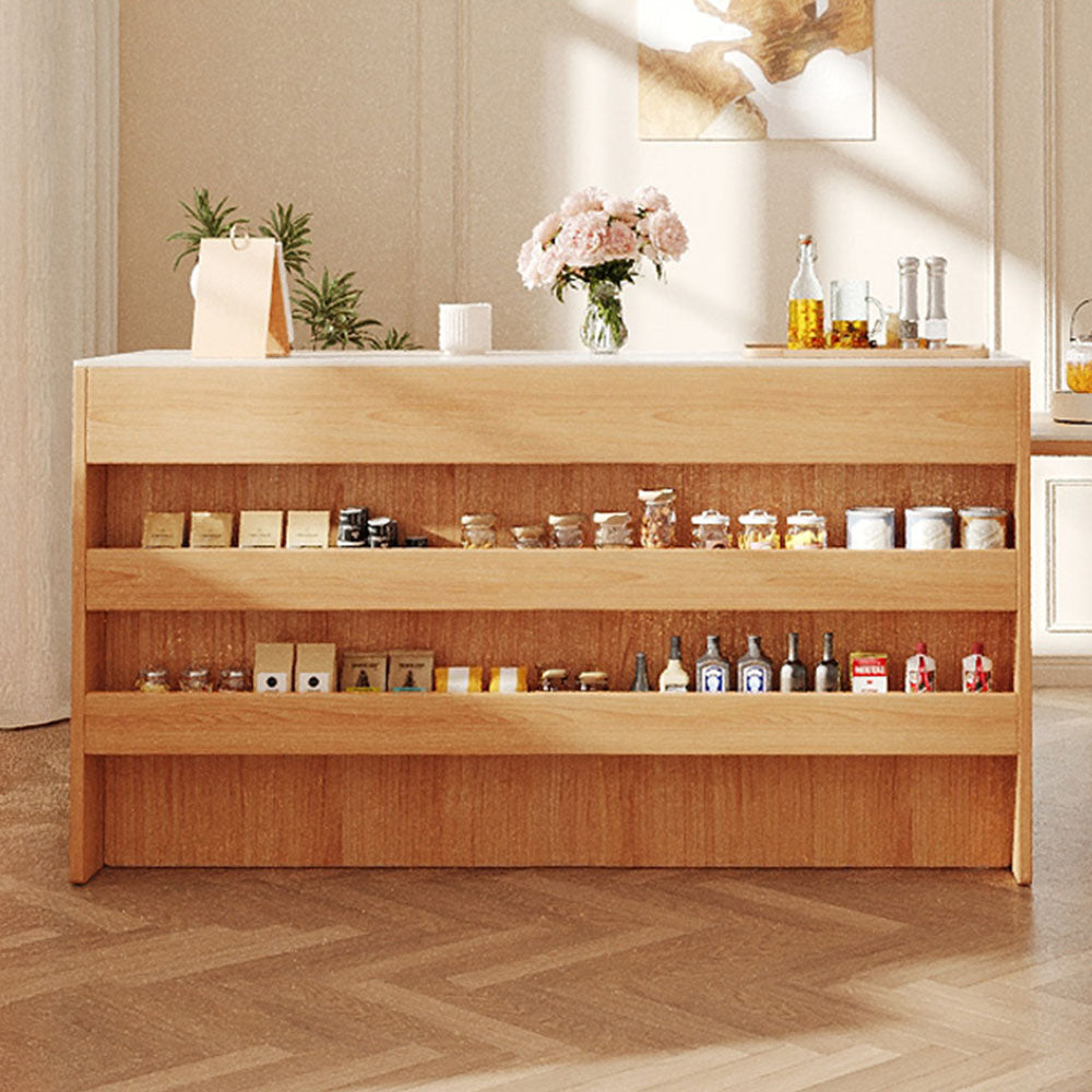White & Natural Multi-Function Sliding Kitchen Island Storage Power Outlets & Dining in One