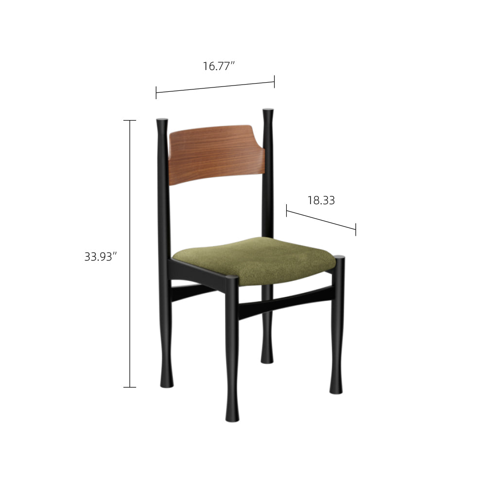 18.33''Mid Century Dining Chair Carved Wood Frame Green Fabric Seat Vintage Style