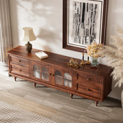 78'' Neo-Chinese Style TV Cabinet Solid Wood Drawers Arch Glass Doors Elevated Storage Base