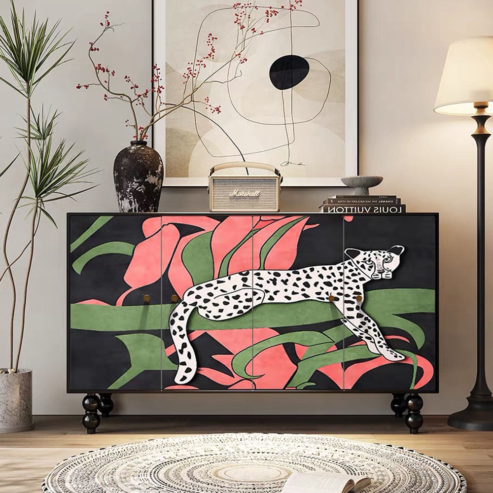 59'' Vintage Hand-Painted Sideboard Artistic Retro Buffet Cabinet with Bold Geometric Patterns