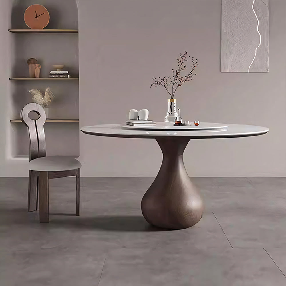 Round Dining Table Wooden Base and Ceramic Stone Top Modern Aesthetic