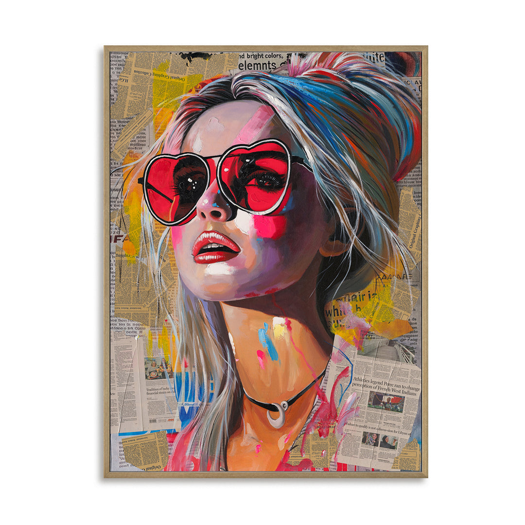Handmade Pop Art Wall Painting – Colorful Woman Portrait with Newspaper Collage