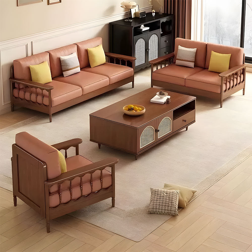 TV Stand & Coffee Table Set with Cane Drawers Mid-Century Modern Style Spacious Storage Elegant Design
